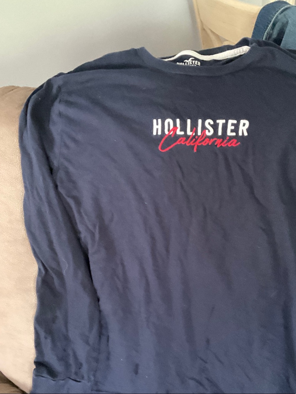 Hollister Long Sleeve Tee in Navy with Red Script